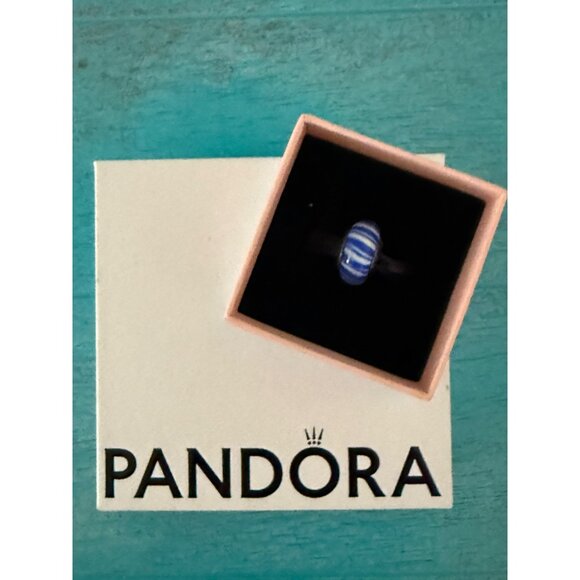Retired Pandora Blue & White Striped Murano Glass Charm Bead Sterling Silver 925 - Picture 1 of 4